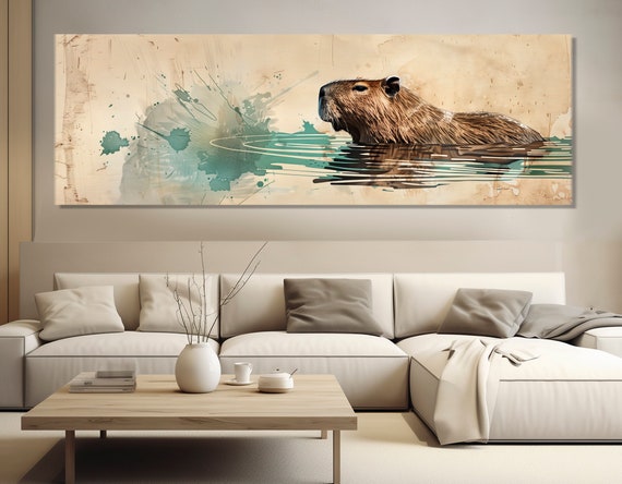 Capybara Swimming In Lake Painting Print Large Capybara Wall Art Modern Nursery Wall Decor Framed And Ready To Hang