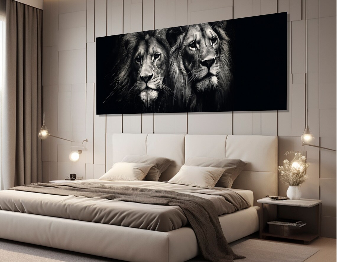 Two Lions Black And White Portrait Majestic Panoramic Wildlife Art Poster - Image 4