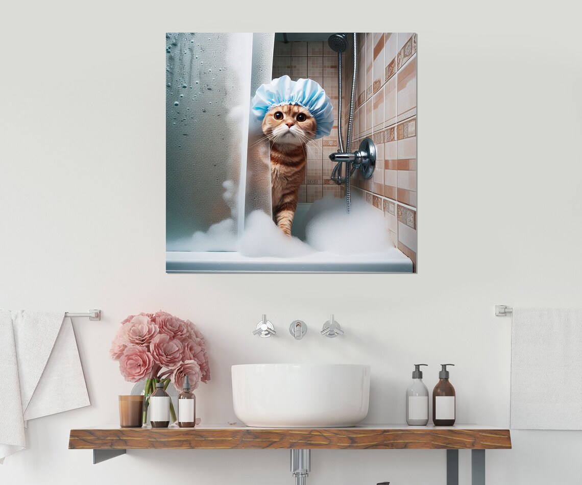 Cute Cat In The Bathroom, Bathroom Wall Art Print - Image 2
