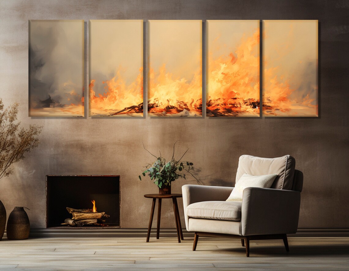 Large Burning Fire Print Panoramic Wall Art Livingroom Decor Housewarming Gift Abstract Fire Painting Framed And Ready To Hang - Image 3