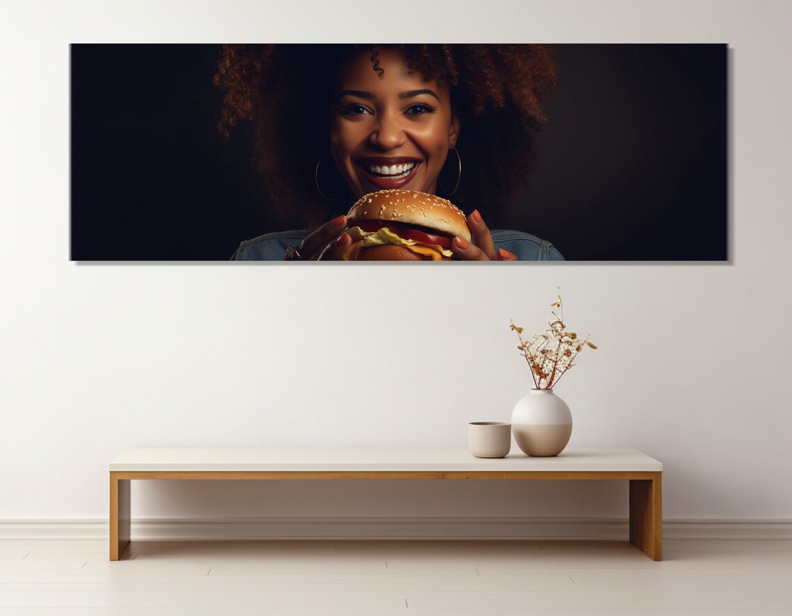 Happy Woman Eating Cheeseburger Fun Food Photography Kitchen Decor Poster