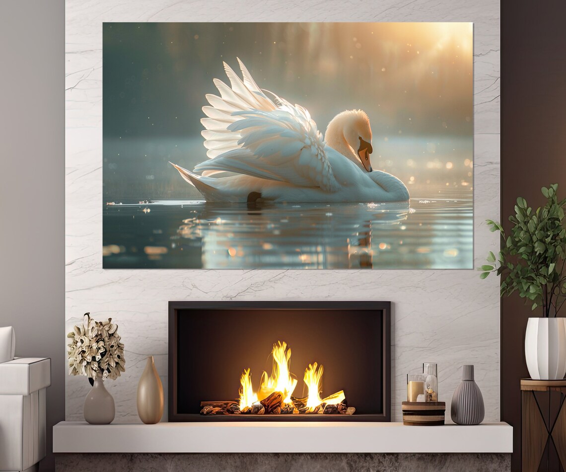 White Swan Spread Wings Golden Lake Sunset Elegant Bird Art Poster