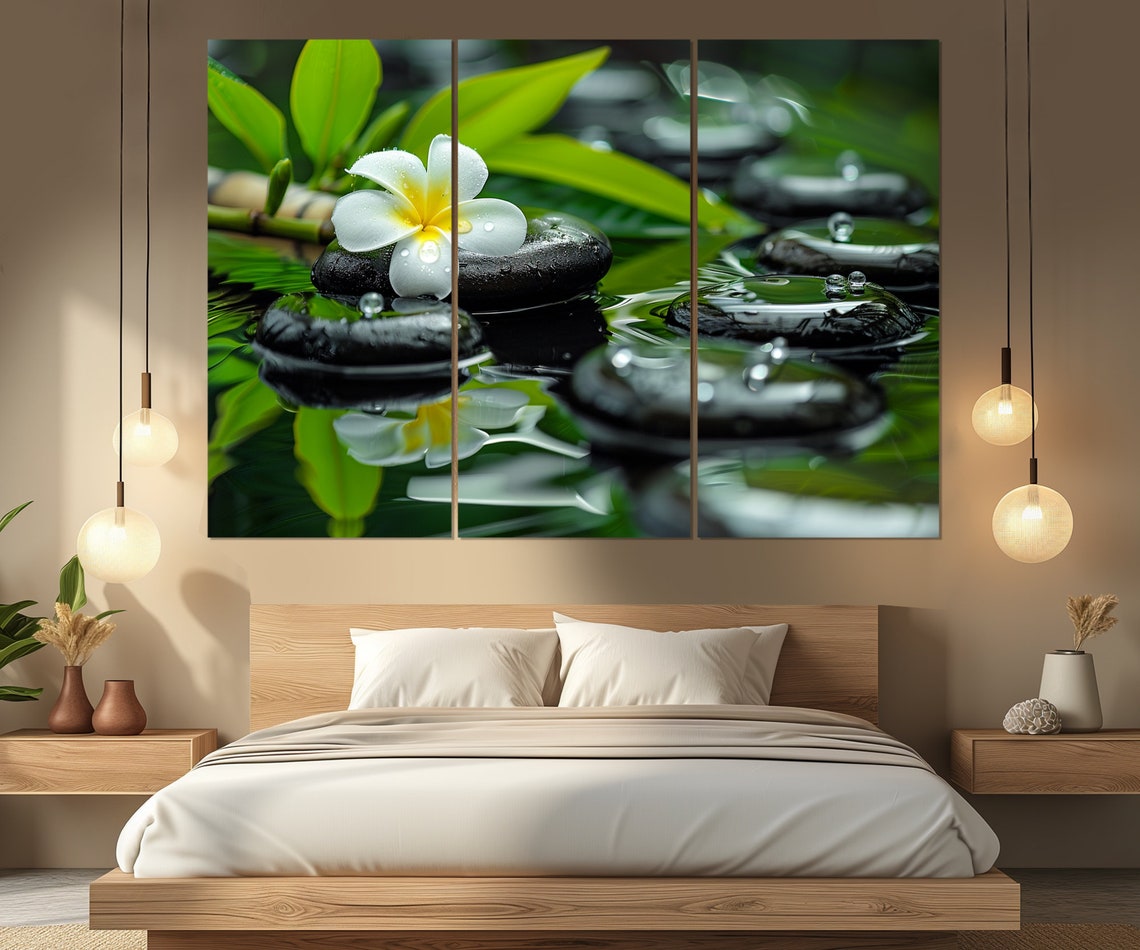 White Plumeria Flower Zen Stones Water Drops Bamboo Spa Calm Poster - Image 4