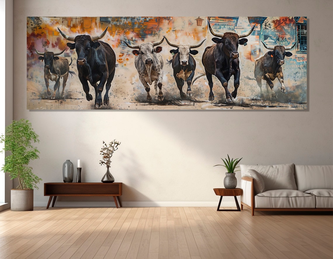 Running Longhorn Bulls Herd Dusty Western Cattle Drive Poster