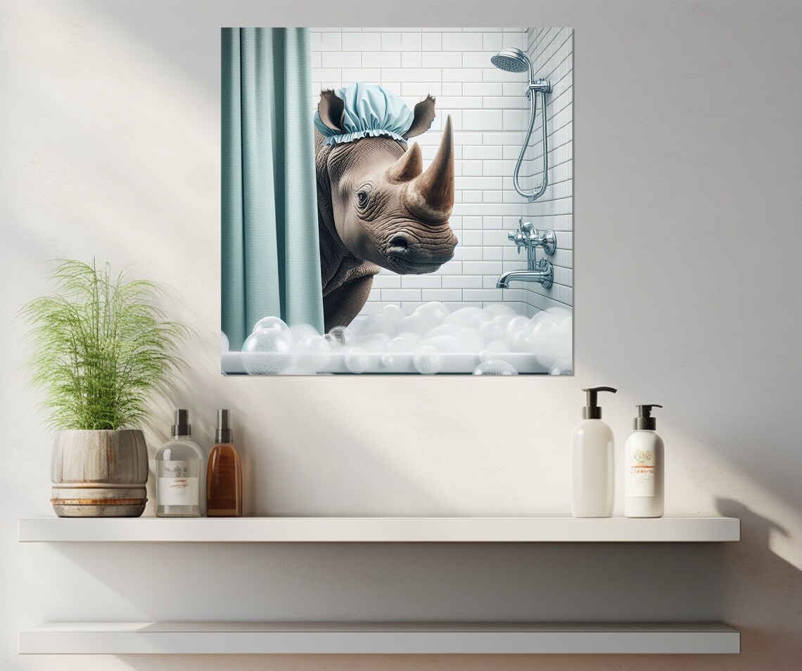 Gentle Rhino With Blue Shower Cap Peeking From Shower Curtain Poster - Image 2