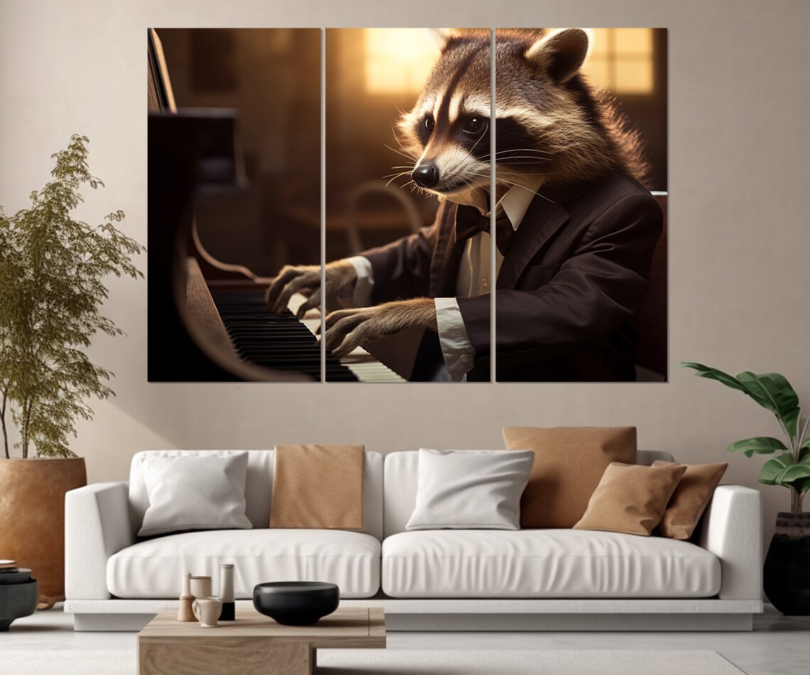 Raccoon In Tuxedo Playing Grand Piano Warm Backlight Funny Animal Pianist Poster - Image 4