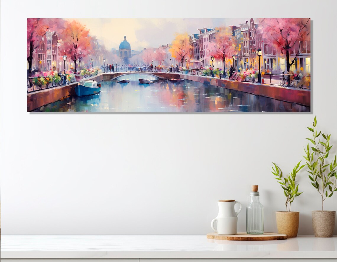 Amsterdam Canal Spring Blossom Pink Trees Bridge Boats Painting Poster - Image 4