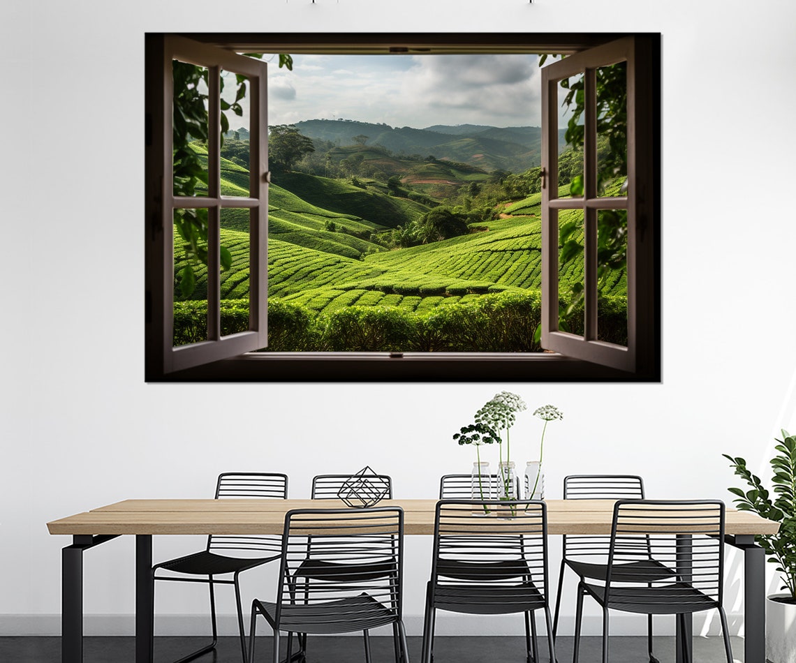Open Window With Tea Fields View Print Tea Plantation Window View Tea Print Framed And Ready To Hang