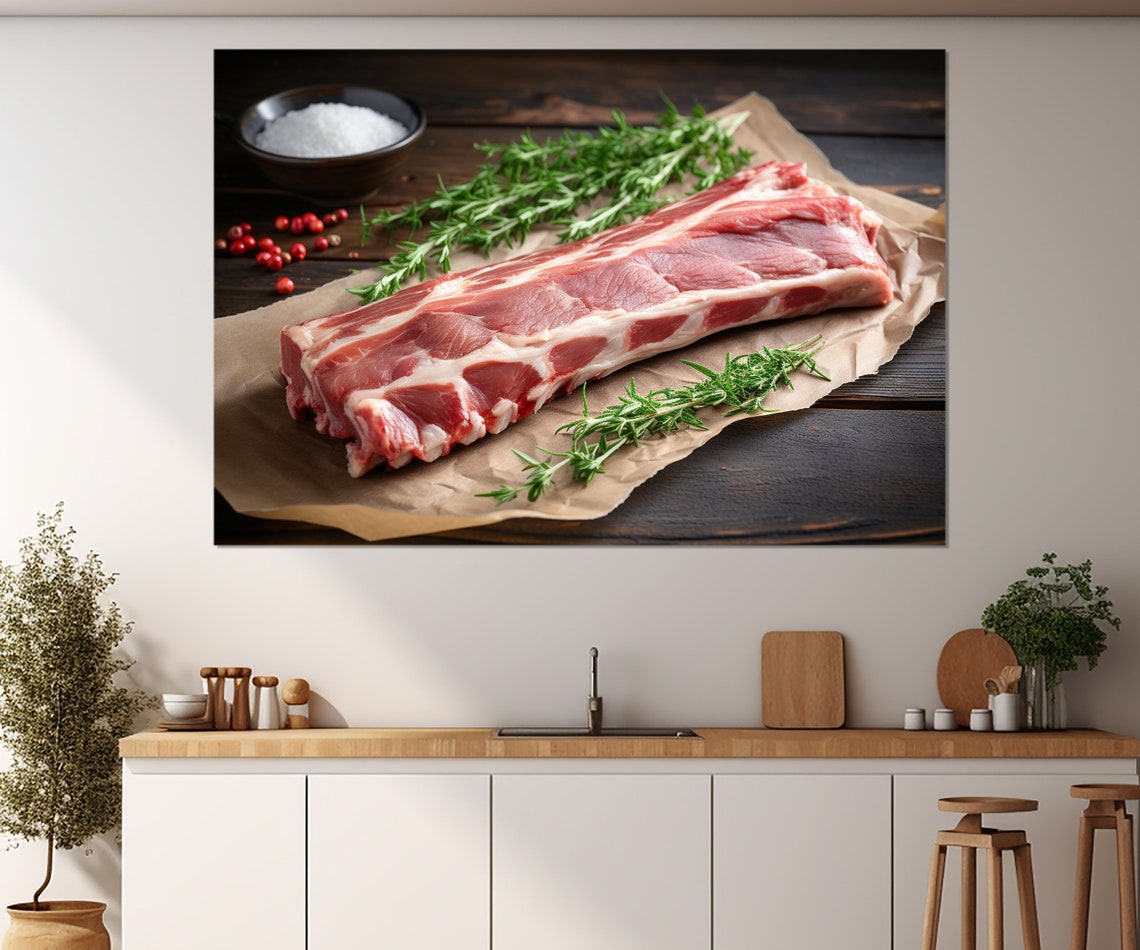 Raw Pork Ribs Rosemary Salt Rustic Butchery Kitchen Wall Art Print - Image 4
