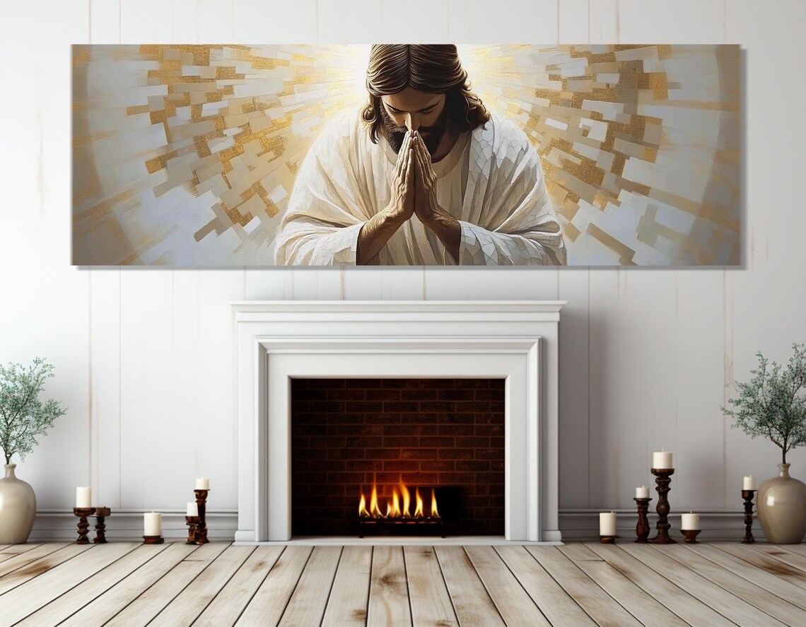 Praying Jesus Christ Golden Mosaic Halo Serene Hands Devotional Wall Poster - Image 2
