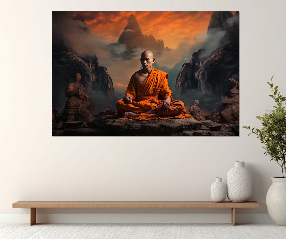 Buddhist Monk Meditating Orange Robes Mountain Sunset Wall Poster - Image 2