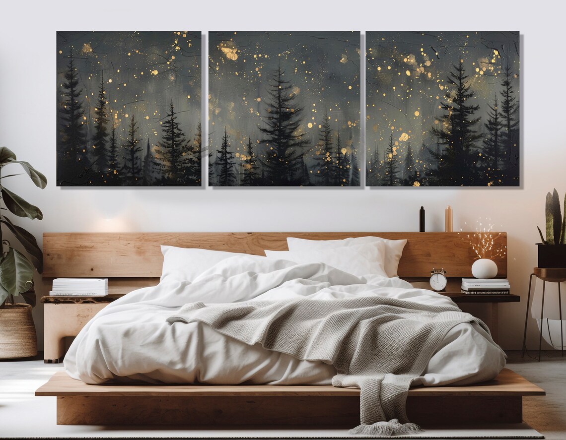 Large Pine Forest at Night, Abstract Starry Sky Art Print - Image 3