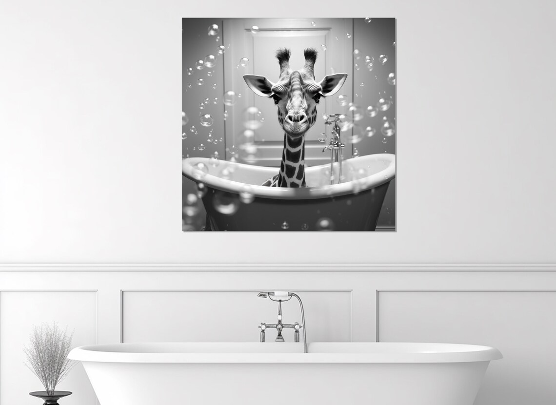 Cute Giraffe In Bubble Bath Black And White Funny Bathroom Wall Art Print
