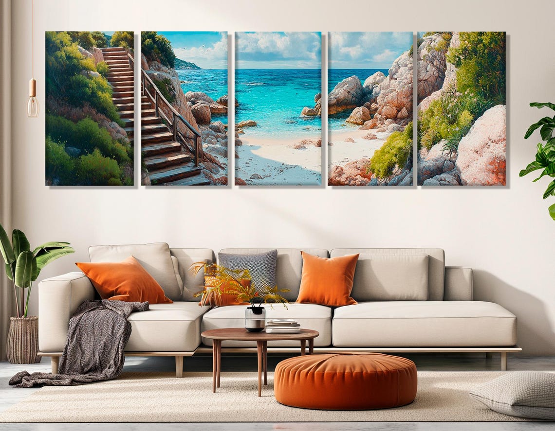 Rocky Cove Beach Long Stairway Turquoise Water Panoramic Art Poster - Image 3