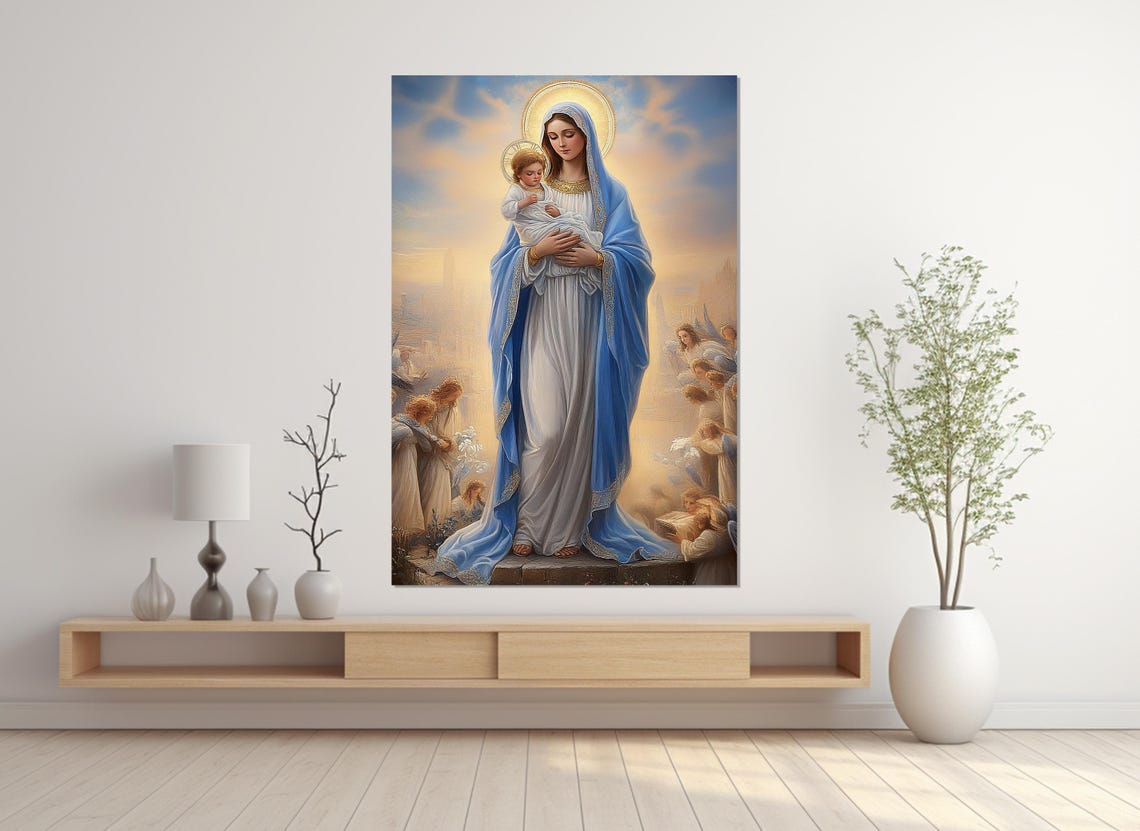 Virgin Mary And Baby Jesus Surrounded By Angels Heavenly Light Poster - Image 3