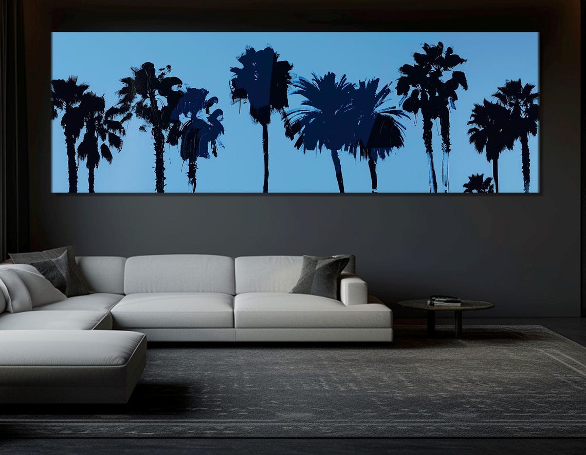 Palm Tree Silhouettes Bright Blue Sky Minimalist Tropical Art Poster