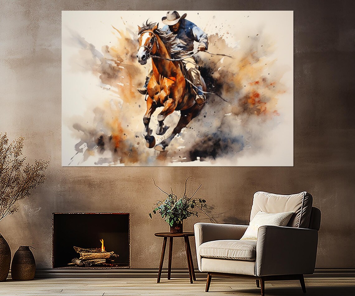 Wild West Cowboy Riding Horse Dust Watercolor Western Art Poster