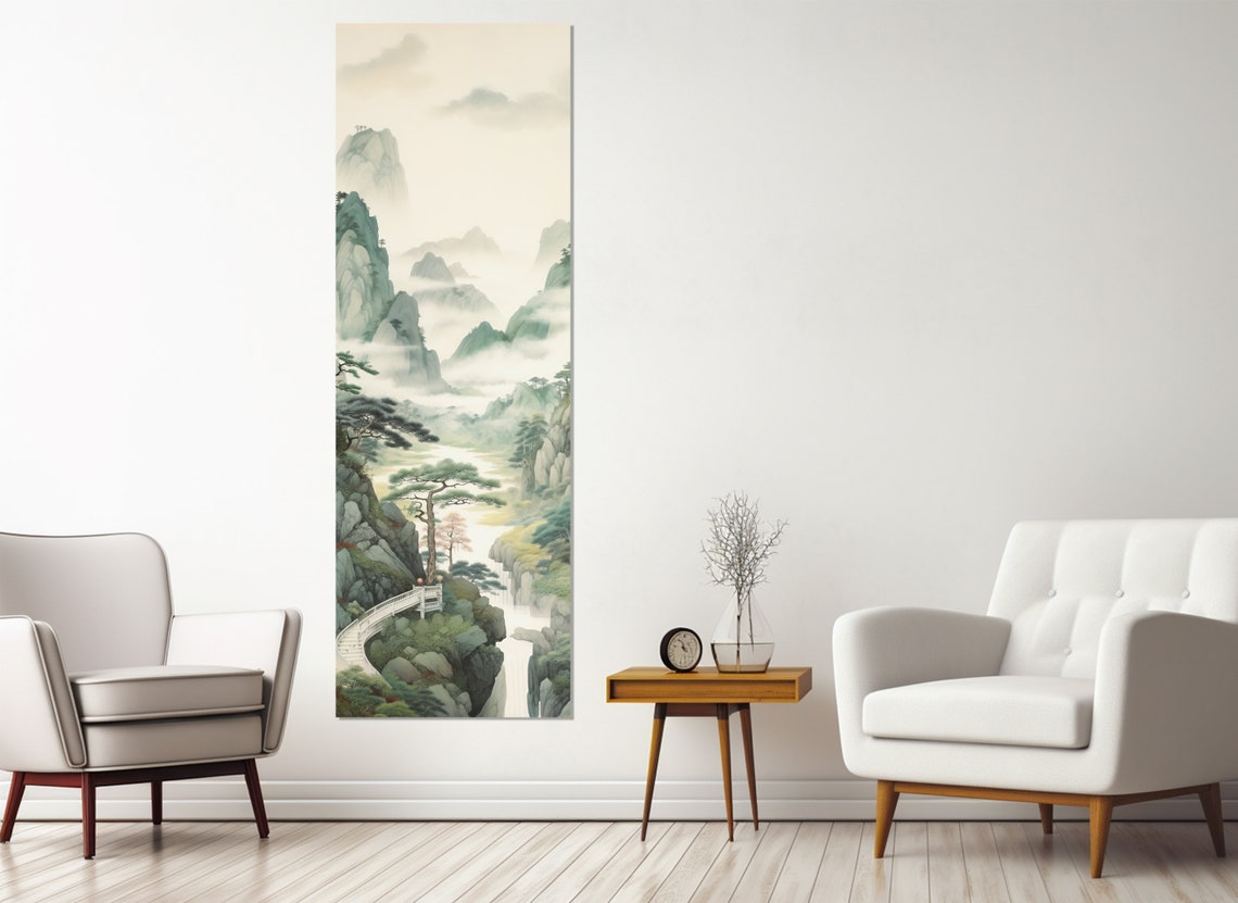Misty Asian Mountains Ink Wash Vertical Waterfall Pines Zen Art Poster