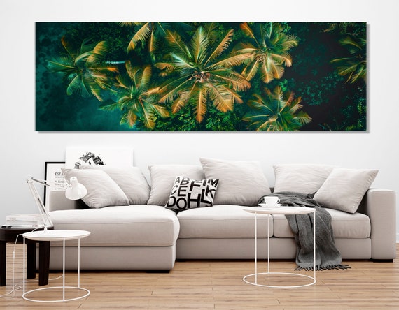 Aerial Tropical Trees Print Palm Leaves Abstract Painting Deep Green Wall Art Tropical Leafs Panorama Framed And Ready To Hang