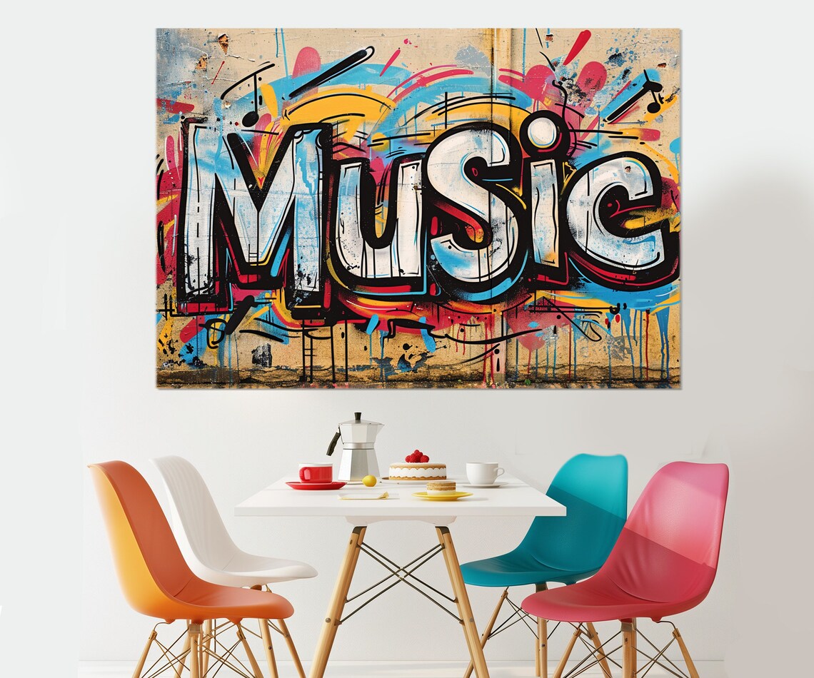 Music Graffiti Lettering Colorful Urban Street Art Style Distressed Wall Art Print