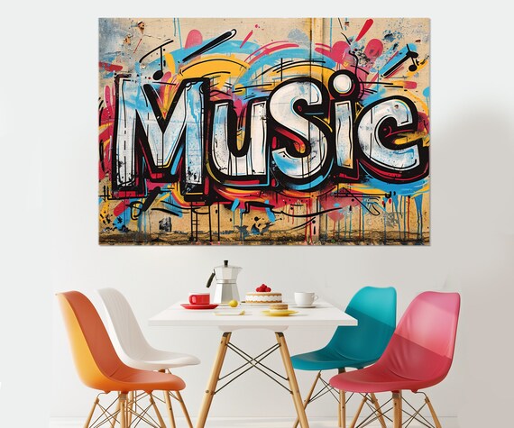 Music Graffiti Lettering Colorful Urban Street Art Style Distressed Wall Art Print