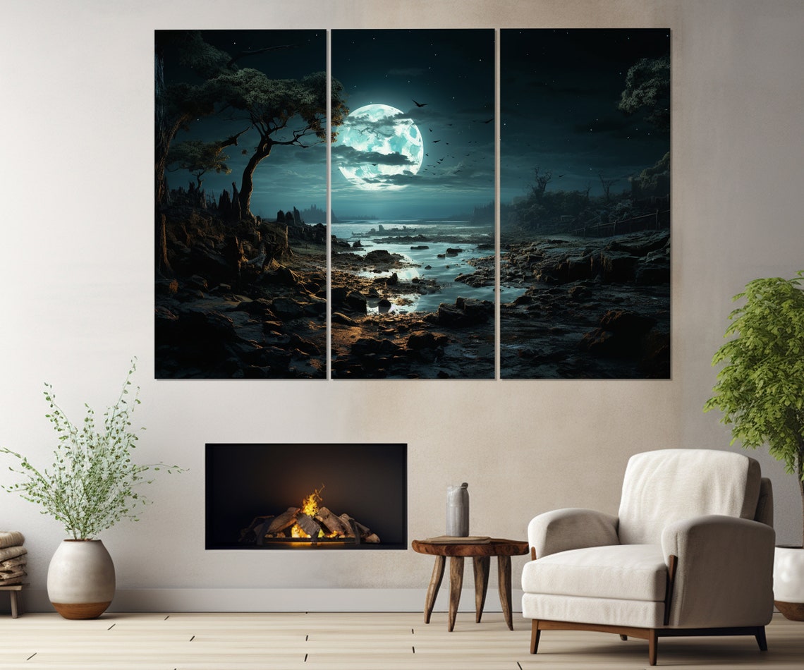 Full Moon Over Dark Rocky Coast Gothic Night Landscape Poster - Image 4