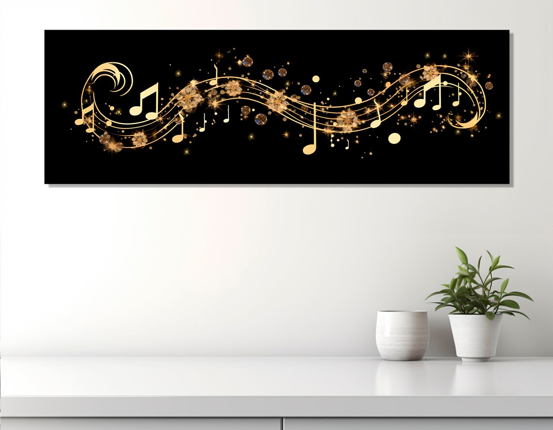 Golden Music Notes Black Sparkling Abstract Melody Musician Wall Art - Image 3
