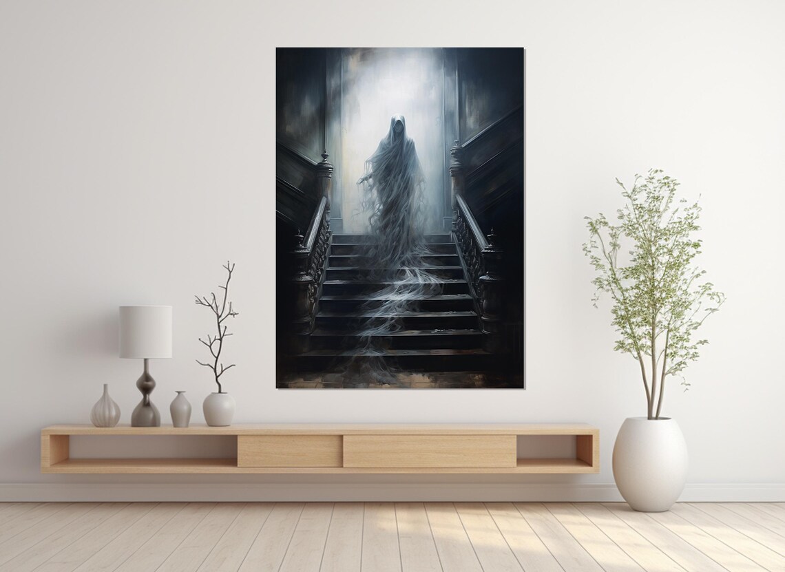 Ghostly Figure Descending Grand Staircase Haunted Gothic Wall Art Poster - Image 4