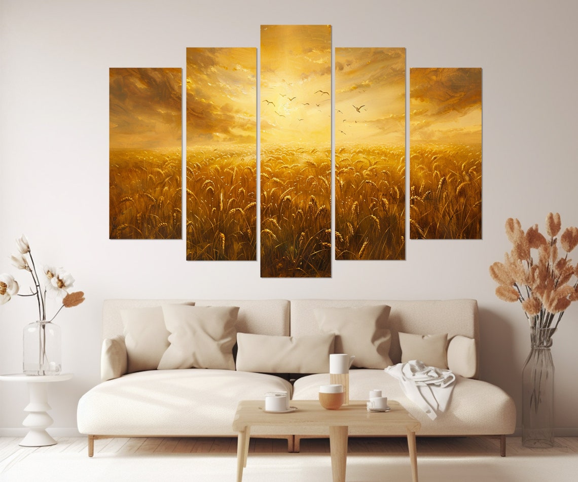 Golden Wheat Field Triptych Sunset Birds Farmhouse Rustic Wall Art - Image 3