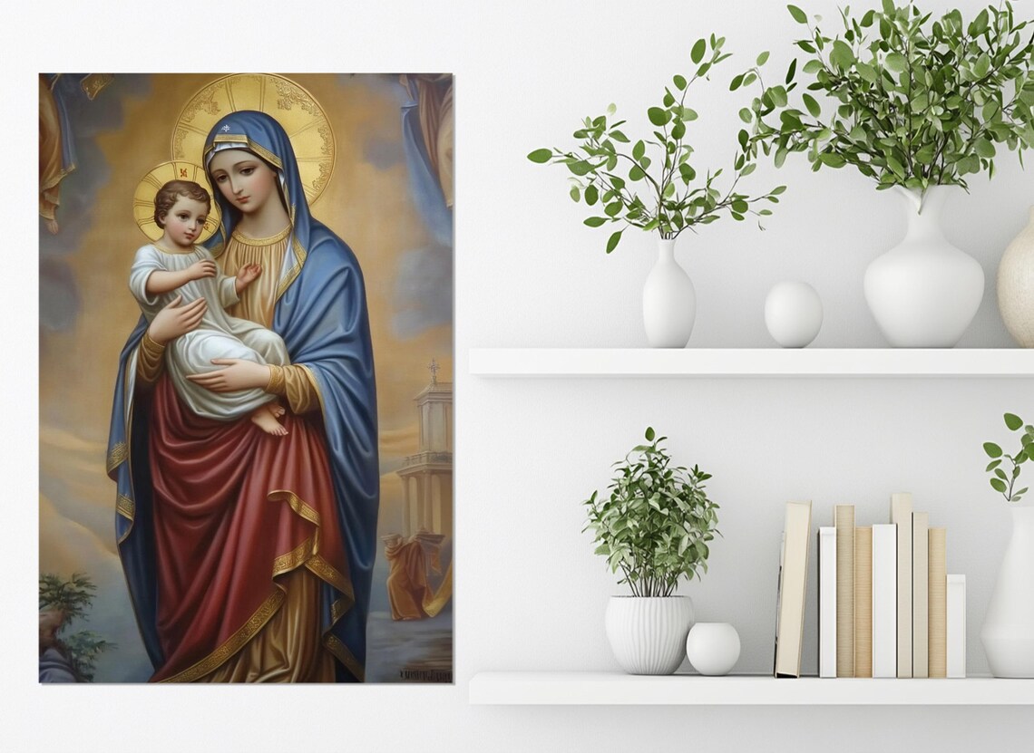 Virgin Mary Holding Baby Jesus Golden Halo Traditional Catholic Painting Poster - Image 2