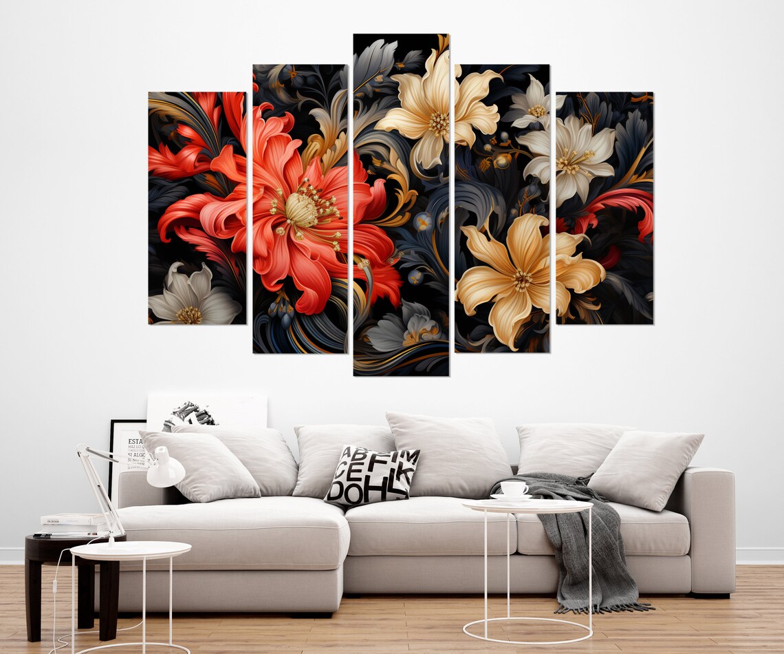 Dark Dramatic Floral Red Cream Gold Baroque Blossoms Black Art Poster - Image 3