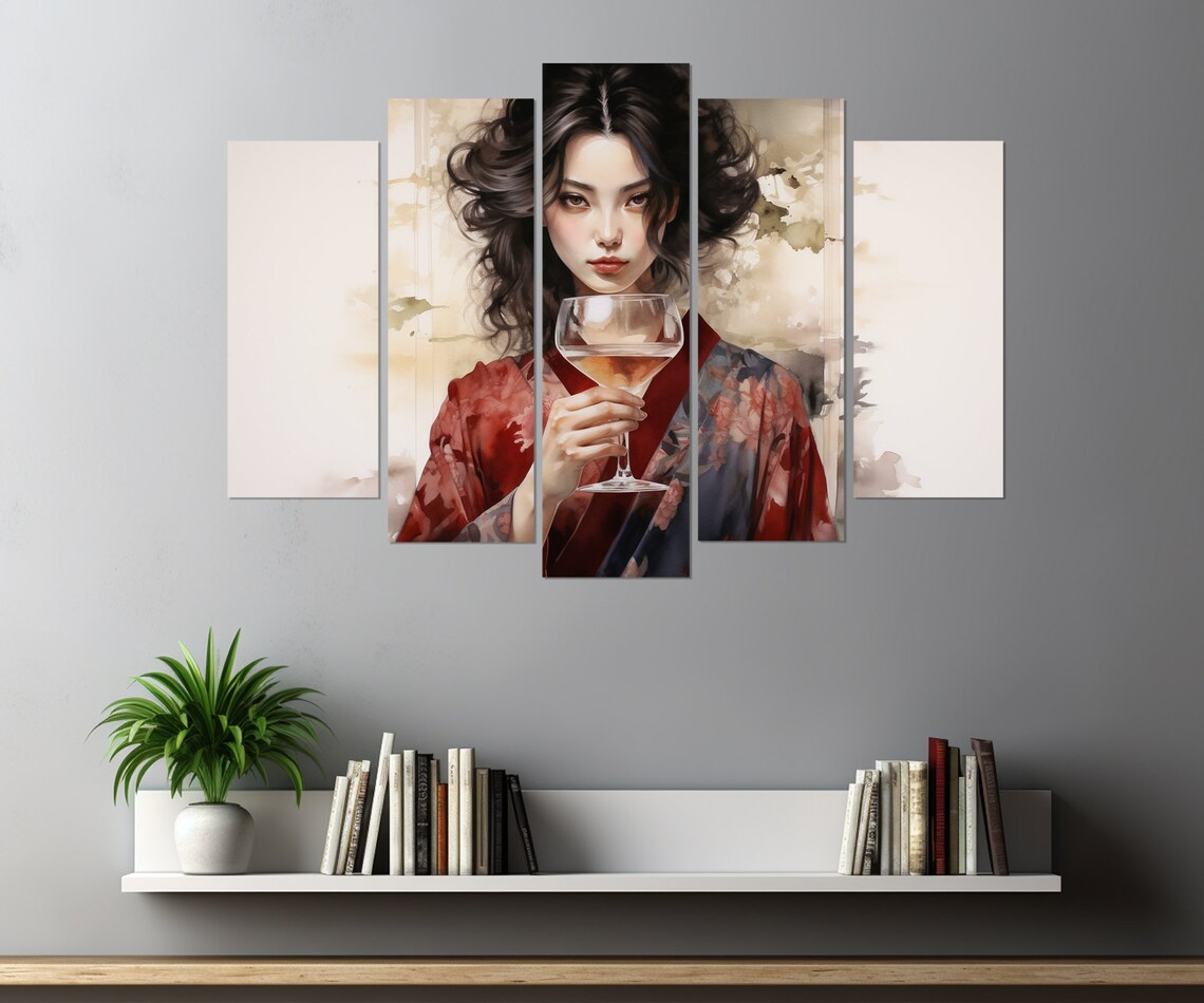 Asian Woman In Kimono With A Glass Of Wine Painting Asian Print Japanese Wall Art Framed And Ready To Hang - Image 3