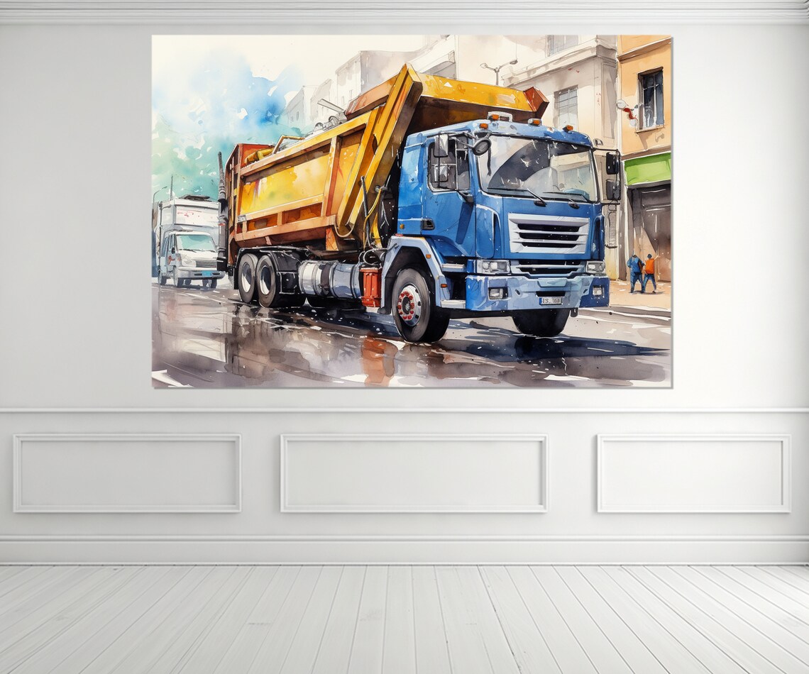 Blue And Yellow Garbage Truck Watercolor City Street Painting Poster - Image 2