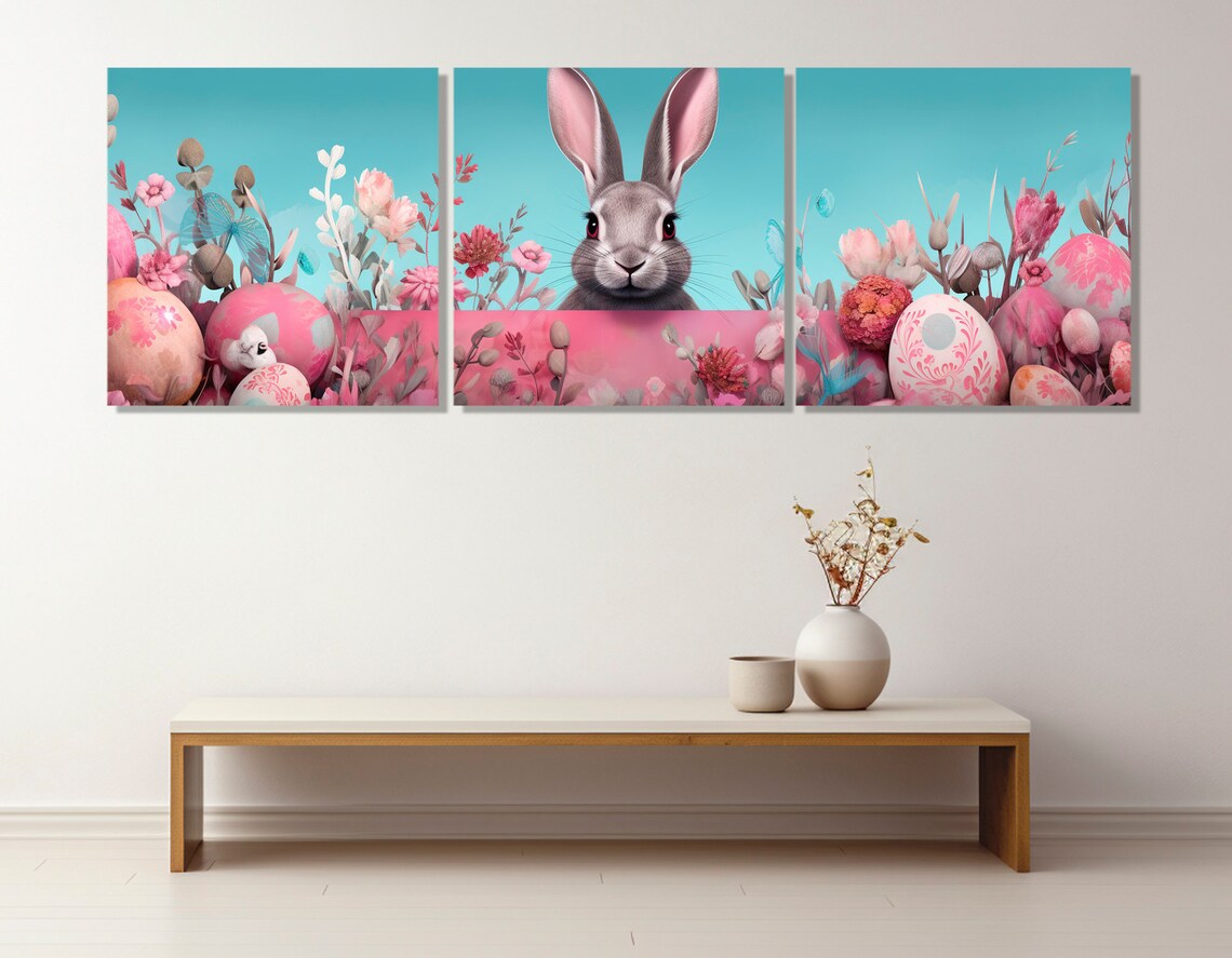 Easter Bunny Pastel Pink Floral Panoramic Nursery Springtime Wall Art Poster - Image 4