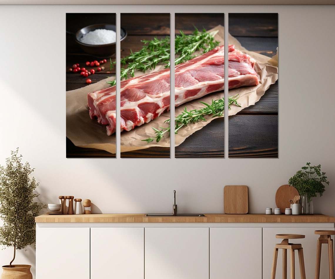 Raw Pork Ribs Rosemary Salt Rustic Butchery Kitchen Wall Art Print - Image 2