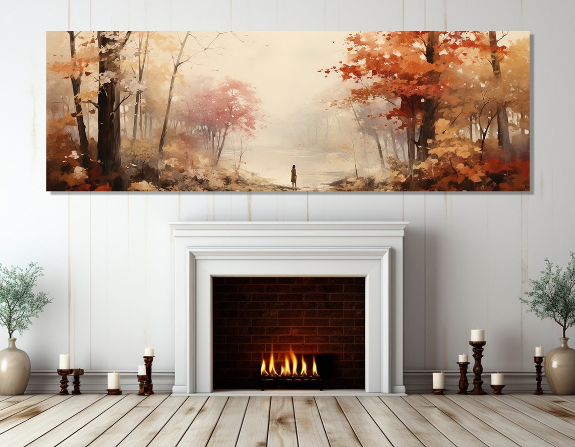 Autumn Forest Lone Figure Misty Lake Red Leaves Panoramic Poster - Image 3