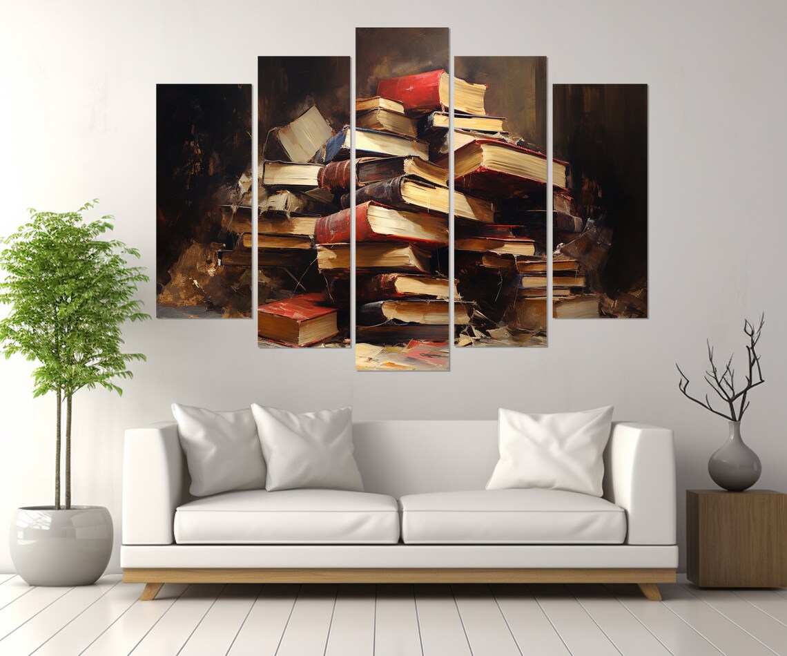 Pile Of Vintage Old Books Oil Painting Reading Library Study Wall Art Poster - Image 4