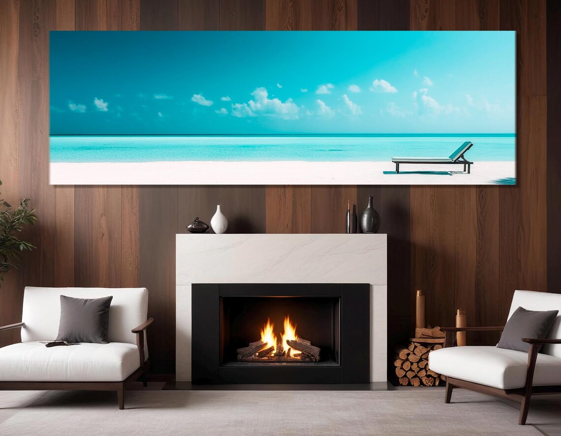 Maldives Turquoise Sea White Sand Beach Lounger Panorama Travel Poster