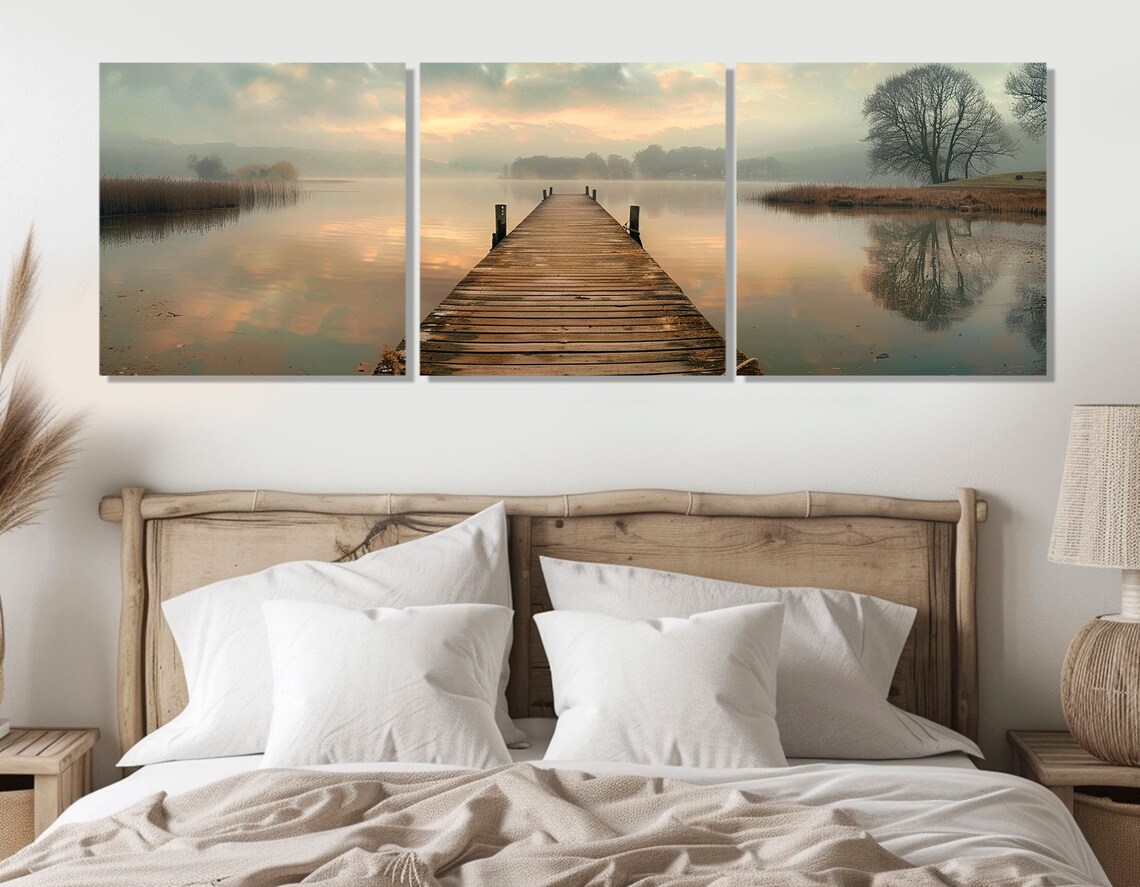 Old Fishing Bridge, Foggy Lake Landscape Art Print - Image 3