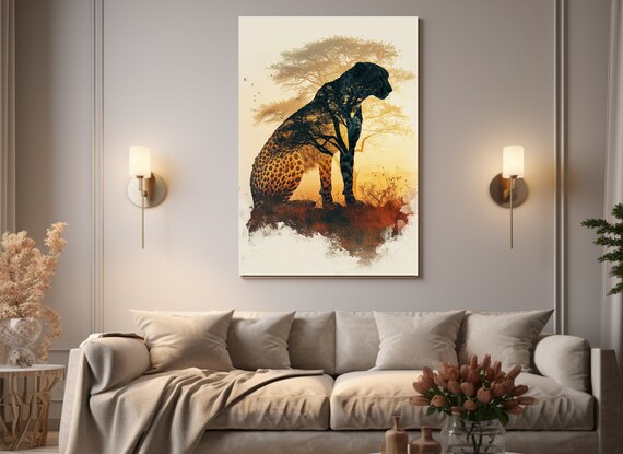 Cheetah Silhouette African Savanna Sunset Double Exposure Wildlife Wall Poster