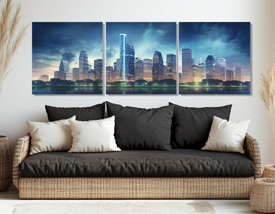 Houston Skyline Triptych At Dusk With Glowing City Lights Water Poster