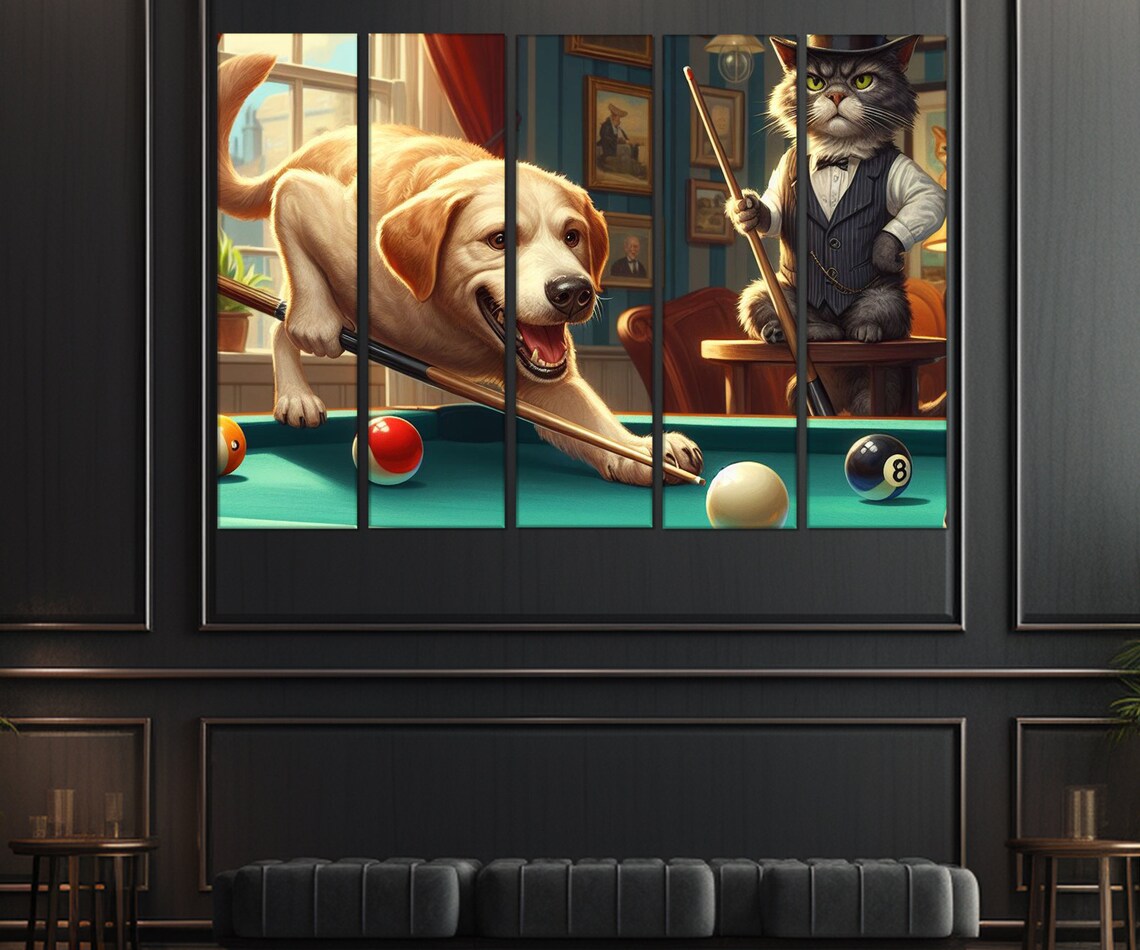 Dog And Cat Playing Billiards Pool Table Funny Animal Game Room Wall Art Print - Image 3