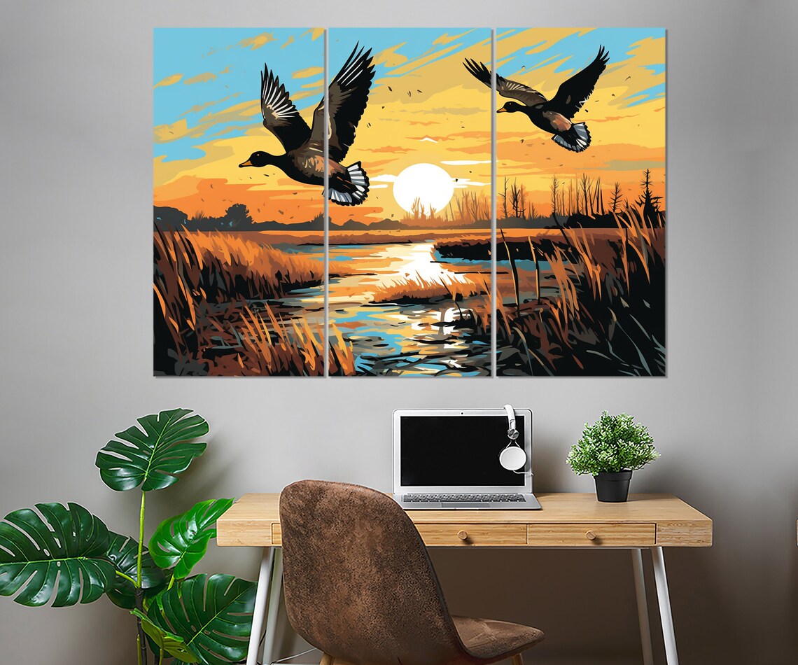 Ducks Flying Sunset Marsh Pop Art Orange Lake Wildlife Wall Art - Image 3