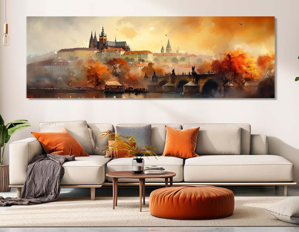 Prague Castle Charles Bridge Golden Autumn Mist Skyline Travel Poster