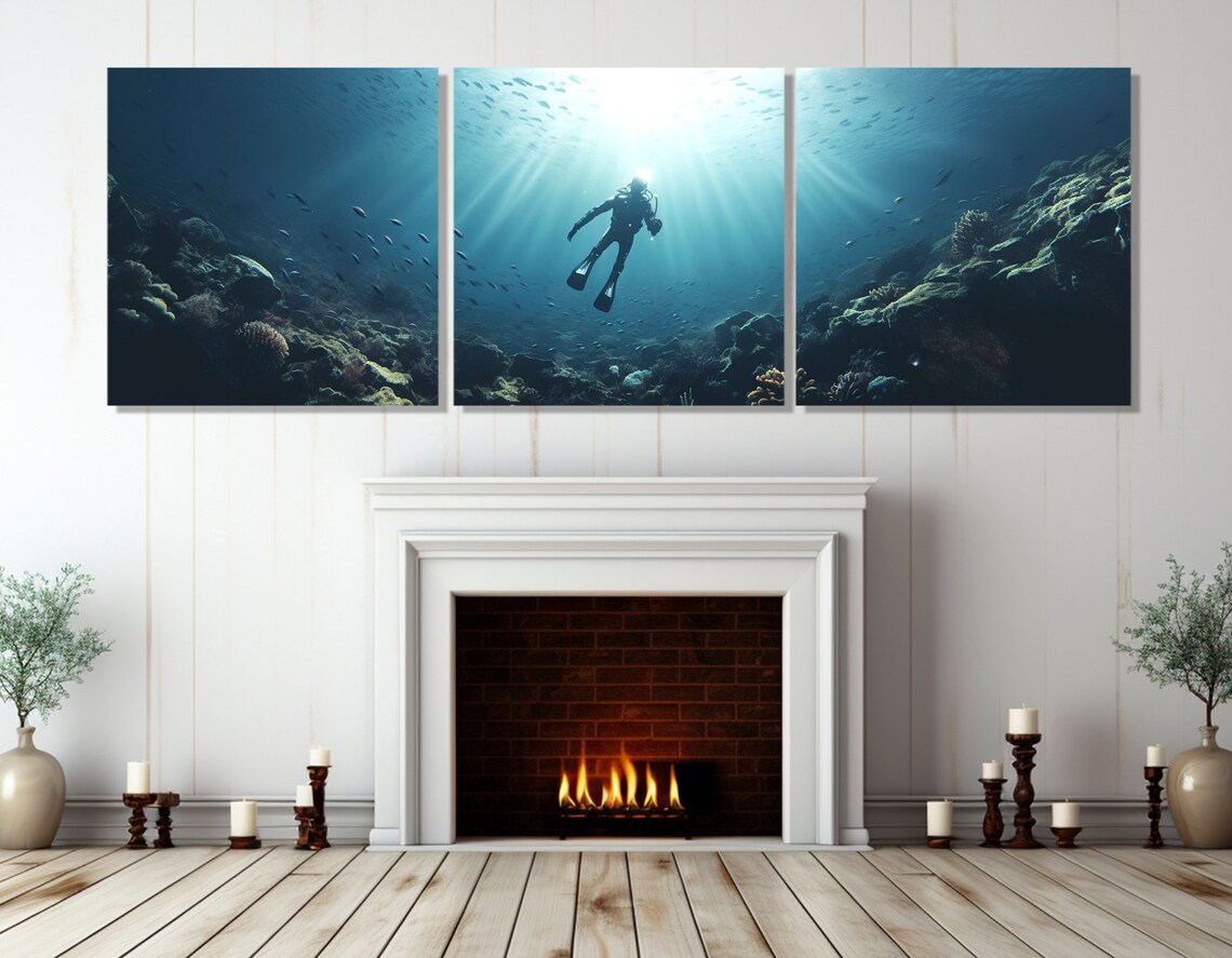 Diving Underwater Ocean Art Print, Diver Decor