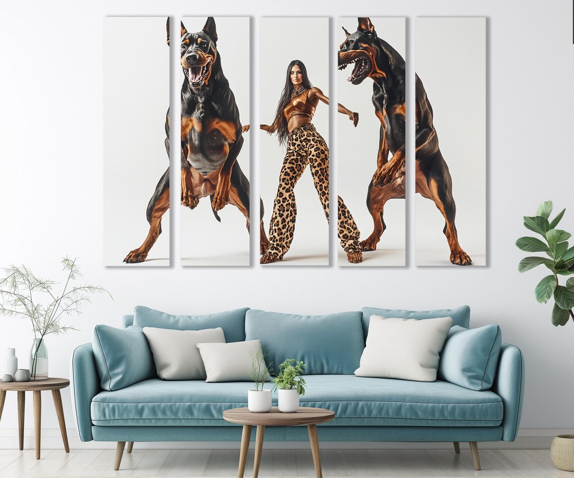 Woman With Two Giant Doberman Dogs Bold Studio Portrait Wall Art Print - Image 3