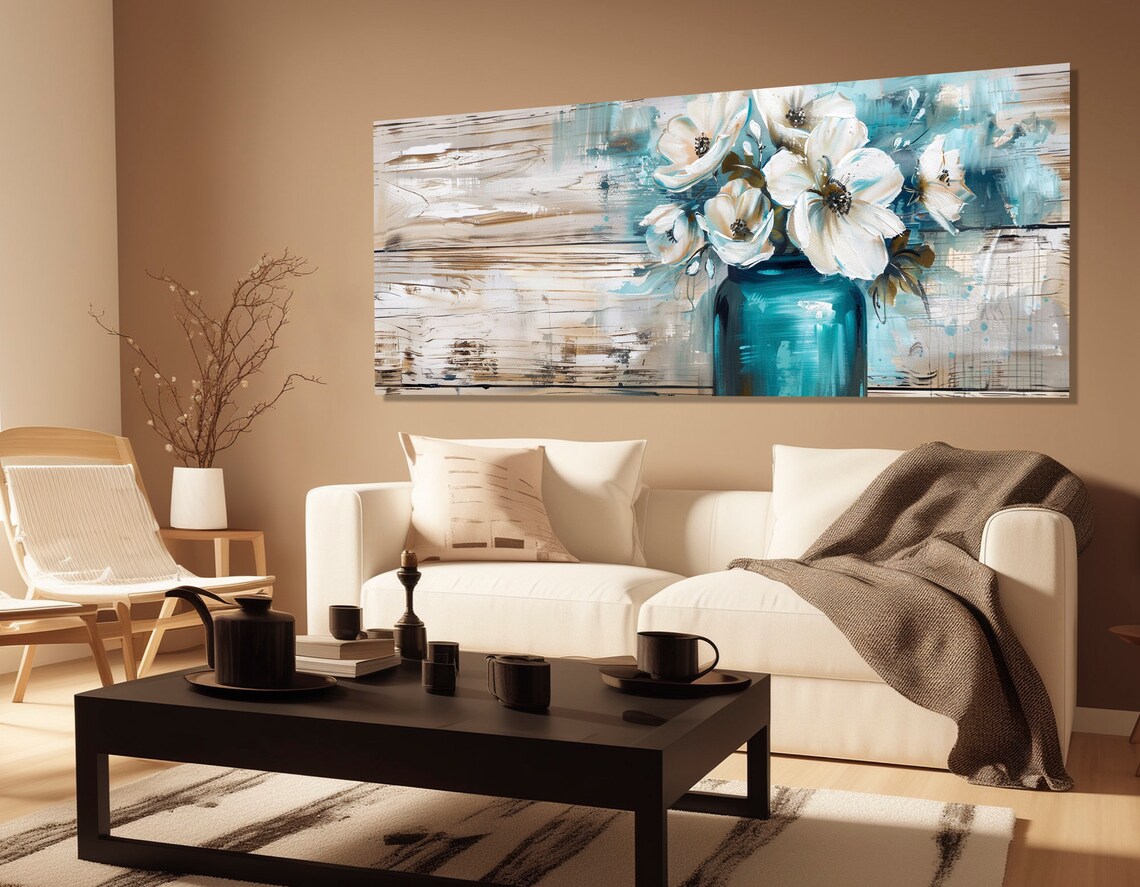 White Abstract Flowers In Blue Glass Jar On Wooden Background Poster - Image 2
