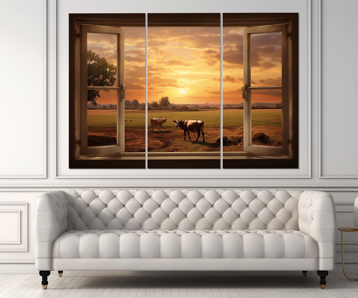 Open Window View Cows In Pasture Orange Sunset Farm Art Poster - Image 3