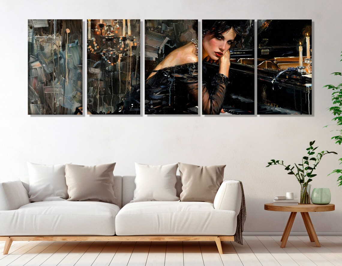 Elegant Woman In Black Dress At Grand Piano Candlelight Print - Image 2