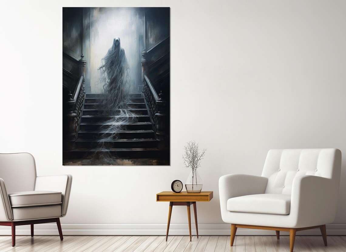 Ghostly Figure Descending Grand Staircase Haunted Gothic Wall Art Poster - Image 3